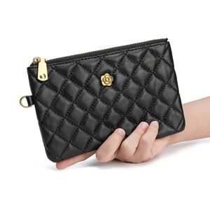 Elegant Black Quilted Wristlet with Gold Details